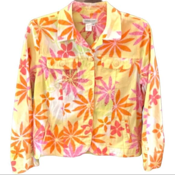 COLDWATER CREEK Size M Lightweight Jean Style Jacket In Yellow Pink Orange - Picture 1 of 5